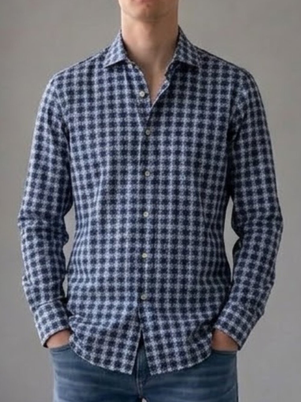 Etro Milano Blue Gray Houndstooth French Cuff Long Sleeve Button Shirt Men's L